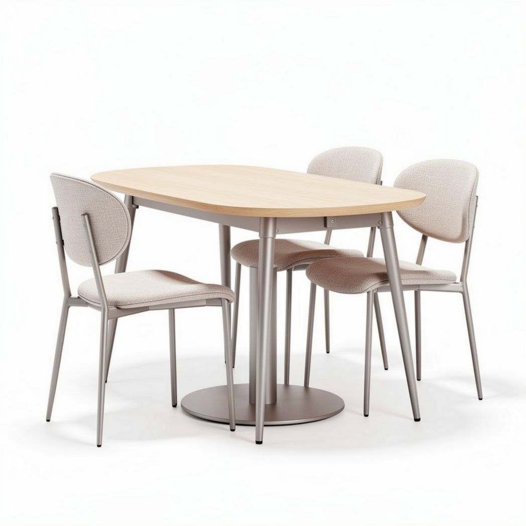 Round dining table with beige upholstered chairs metal frame 100 x 80 x 75cm