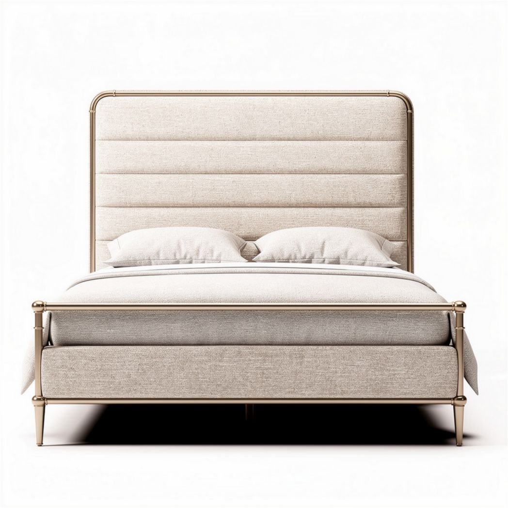 Upholstered bed frame with metal accents and tufted headboard in beige 200 x 160 x 100cm