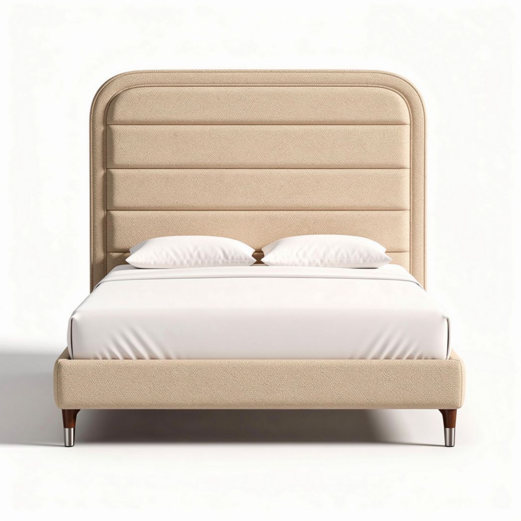 Upholstered bed frame with soft headboard in beige color size 200 x 160 x 100cm