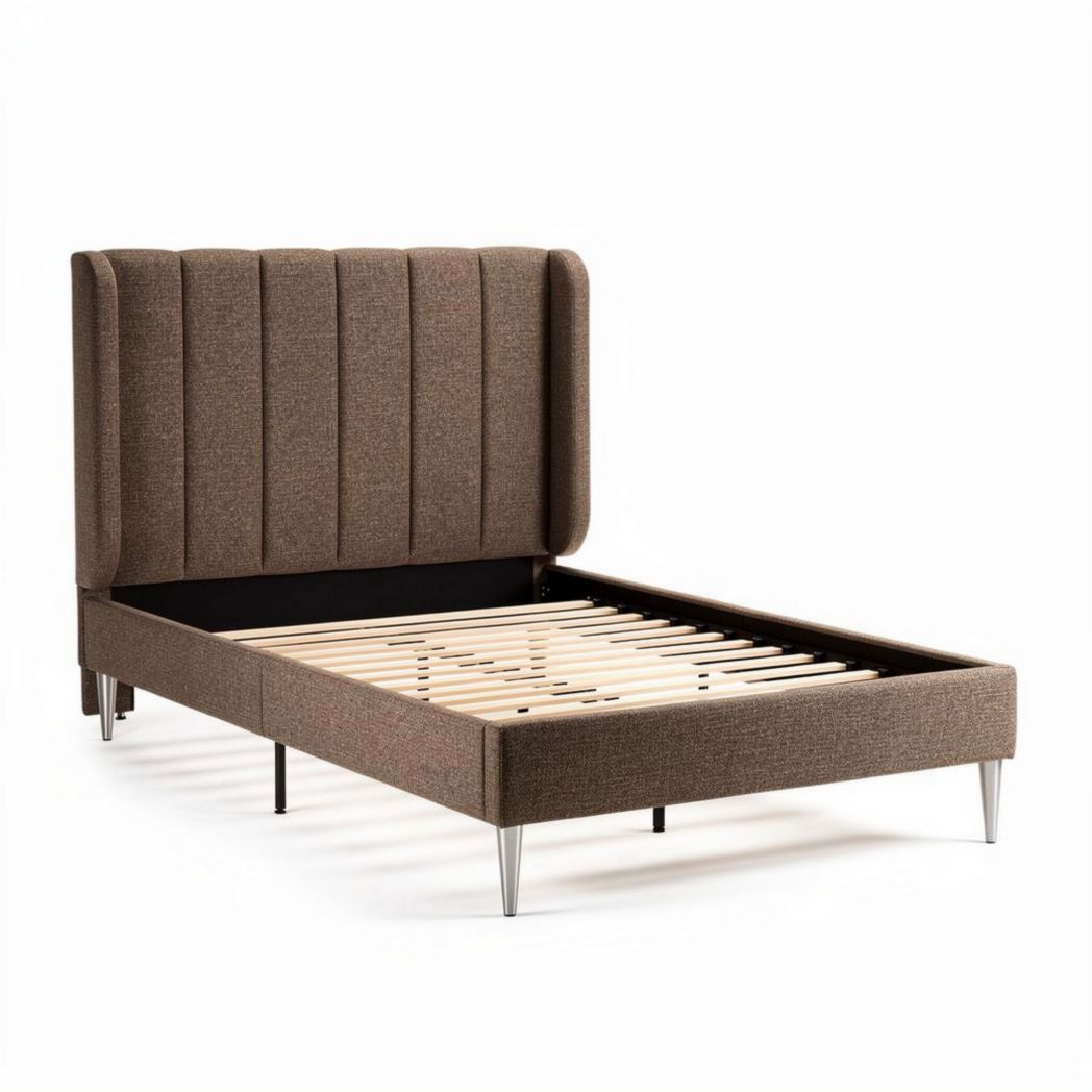 Upholstered bed frame with wooden slats and decorative headboard 200 x 160 x 100cm