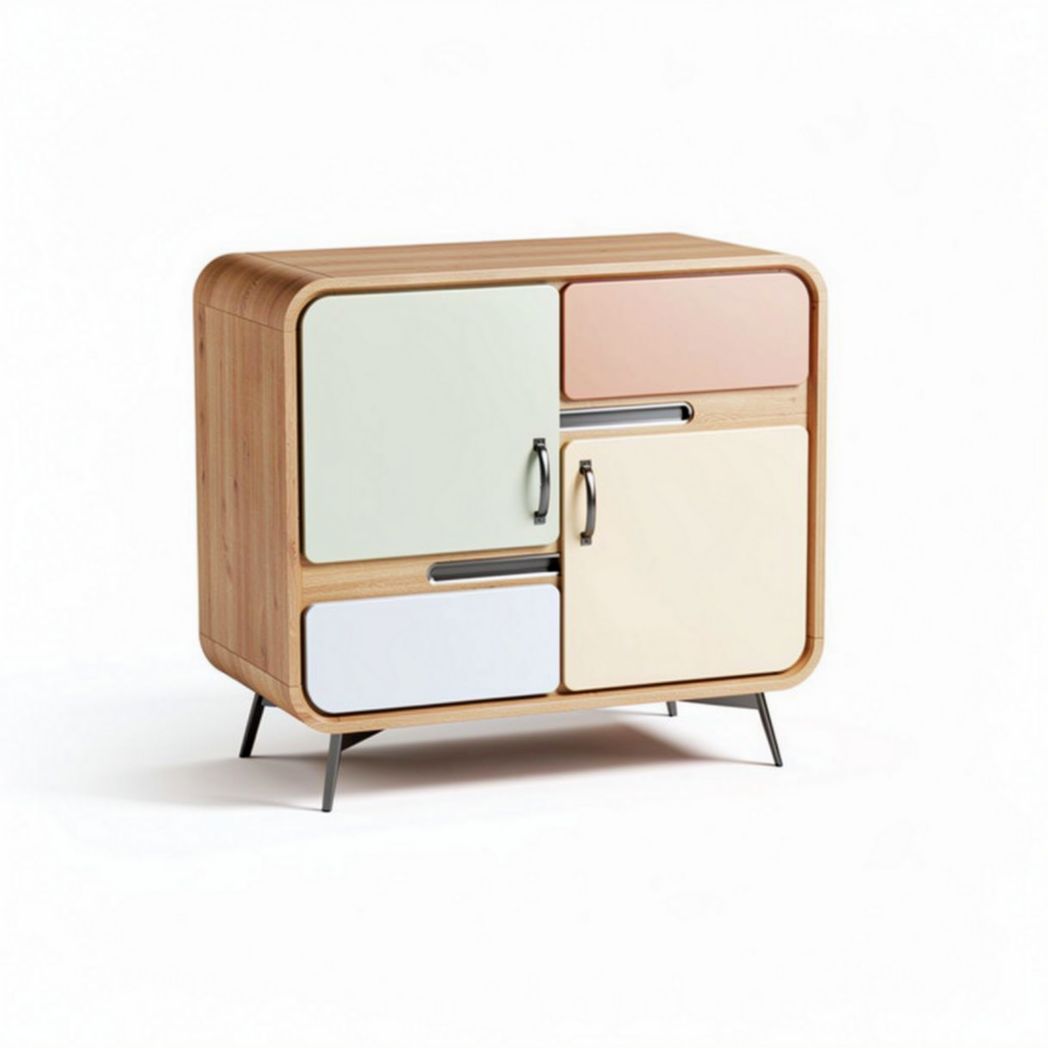Multicolored wooden storage cabinet with four doors and metal legs 80 x 40 x 70cm