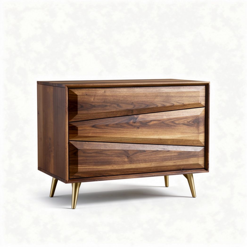 Walnut wood dresser with three drawers and golden legs 80 x 40 x 75cm