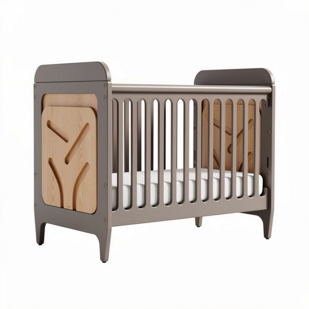 Wooden crib with slatted sides and modern design in gray 120 x 70 x 90cm