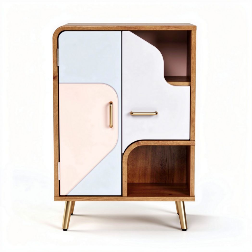Wooden storage cabinet with colored doors and gold legs 80 x 40 x 120cm