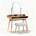 Wooden vanity table with mirror and upholstered stool in natural finish