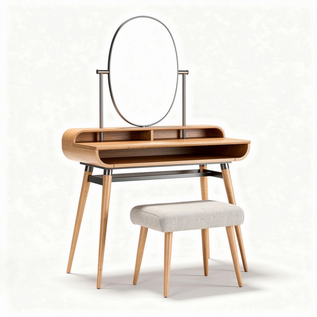 Wooden vanity table with mirror and upholstered stool in natural finish
